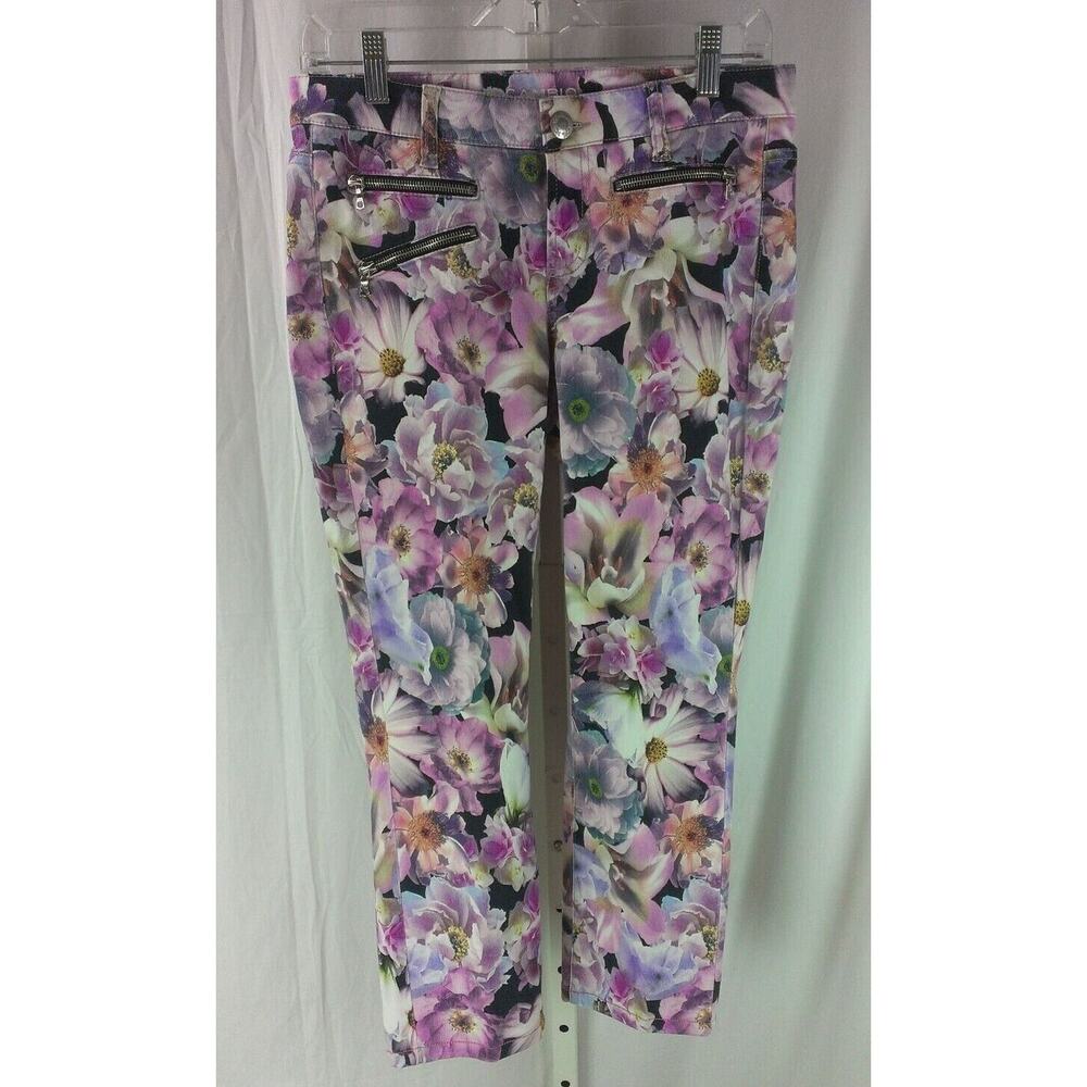 Bright EUC CAMBIO Purple Lalla Zip Floral Hi-Def Pants Jeans US 8
